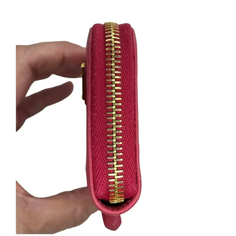 Prada Saffiano Leather Zip Coin Purse Compact Wallet Pink Gold Logo Italy Small